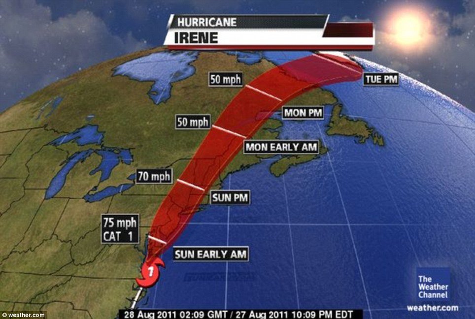 Hurricane Irene path along East Coast