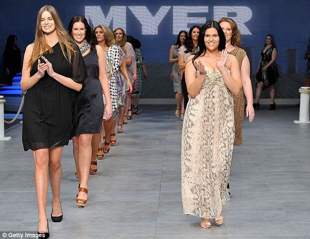 Robyn Lawley (first in left) the first ever plus-size model to feature in Vogue Australia opened the Myer’s show at Sydney Fashion Festival in a stunning black assymetric dress