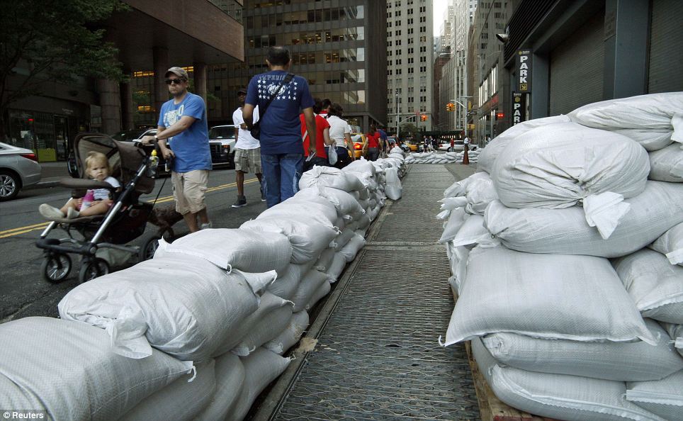 Sandbags laid down in Manhattan which will be  used to control possible floods