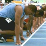 Sogelau Tuvalu was twice the size of the other six competitors and was the only athlete not wearing spikes on his shoes