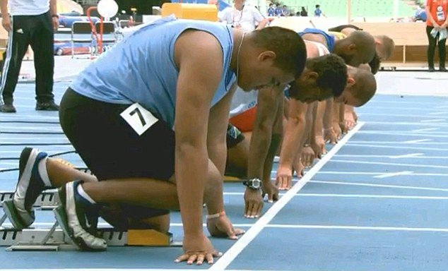 Sogelau Tuvalu was twice the size of the other six competitors and was the only athlete not wearing spikes on his shoes