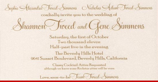 Gene Simmons and Shannon Tweed wedding invitation