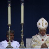 Pope Benedict XVI prays during the Mass held in Erfurt after the shooting incident.