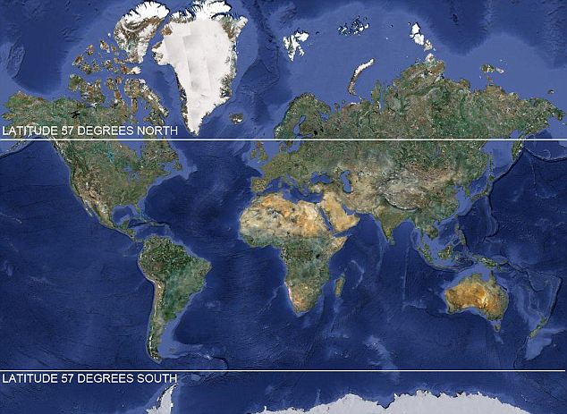The satellite could land anywhere between the 57th parallel north, which crosses Britain at around Inverness, and the 57th parallel south, which passes just below South America