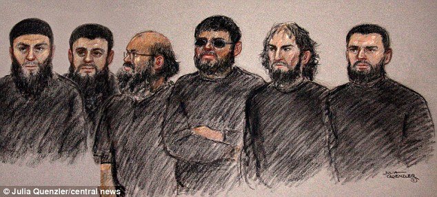 The six men who are accused of training in explosives, weapons and poisoning techniques: from left, Mohammed Rizwan, Bahader Ali, Ifran Nasser, Rahin Ahmed, Ifran Khalid and Ashik Ali