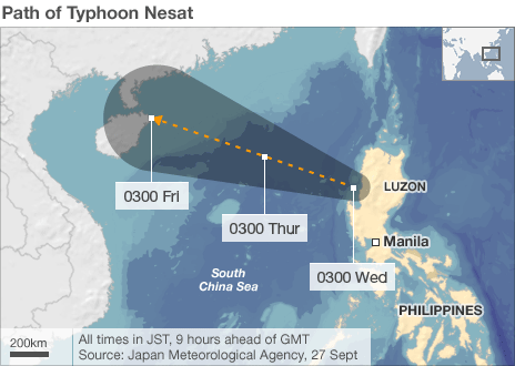 Typhoon Nesat path in South East Asia