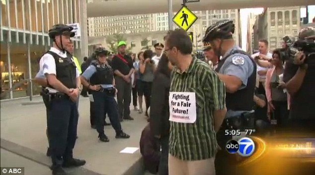 16 protesters were arrested in Chicago for misdemeanor trespassing at the Hyatt Regency protest, where a Mortgage Bankers Association conference was held
