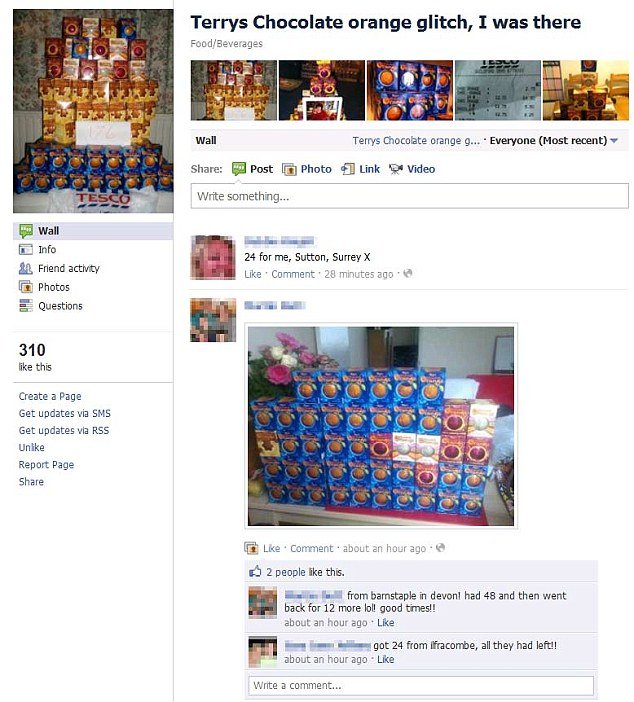 A Facebook page called “Terrys Chocolate orange glitch, I was there” has been created and flooded with people posting photos of their chocolate hordes as well as their receipts