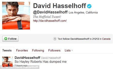A message has appeared on David Hasselhoff’s Twitter page saying that Hayley Roberts has dumped him