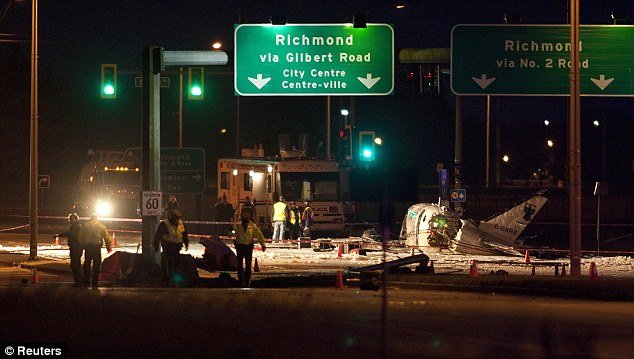 A small passenger aircraft crashed on Russ Baker Way, a busy street from Richmond, Canada, injuring all nine aboard, but miraculously all passengers were alive