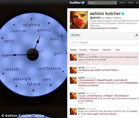Ashton Kutcher's Twitter background is a clock pointing to words anxiety and fear