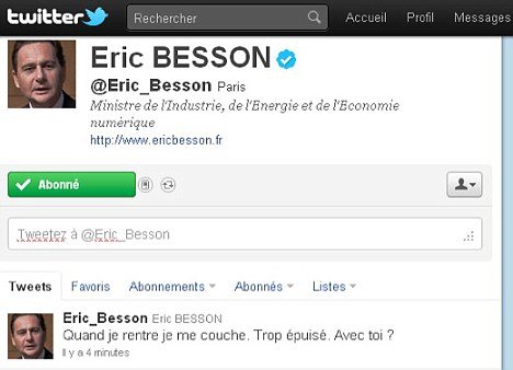 Eric Besson’s message was flashed up on the internet to more than 14,000 Twitter followers