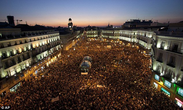 One of the biggest gatherings was seen in Spain where 60,000 people joined demonstrations in Madrid's Puerta del Sol