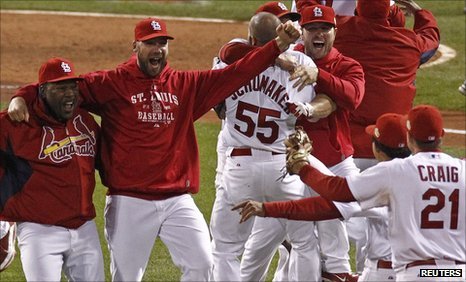 St Louis Cardinals beat Texas Rangers 6-2 in the decisive seventh game and won baseball's World Series 2011