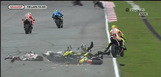 The Gresini Honda rider, Marco Simoncelli lost control of his bike on the second lap of the circuit in Sepang and appeared to be hit by Colin Edwards and then Valentino Rossi as he slid across the track
