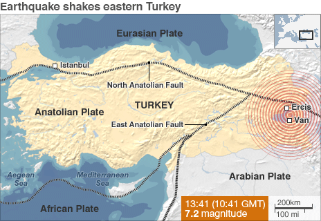 The earthquake on Sunday struck at 13.41 (10.41 GMT) at a depth of 20km (12 miles), with its epicentre 16km north-east of Van in eastern Turkey