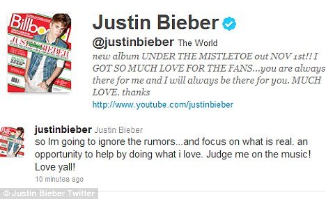 Justin Bieber tweeted today that he was choosing to ignore the rumours and rather concentrate on his music