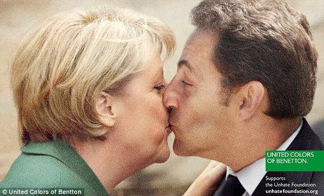 The latest Benetton campaign includes a image of Germany's chancellor Angela Merkel kissing French president Nicolas Sarkozy