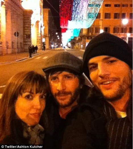 Ashton Kutcher posted a snap of himself, Lorene Scafaria and his friend Matthew Mazzant  to his Twitter page