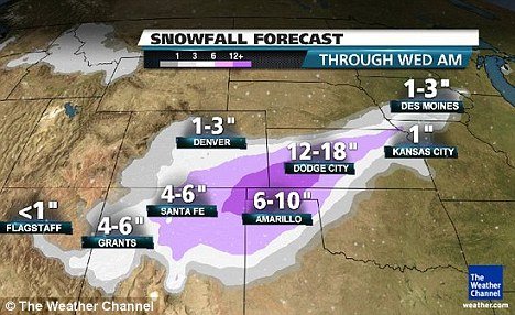 Much of Kansas will be affected, with the heaviest snowfall from southwestern Kansas, south into the Oklahoma panhandle, south toward Amarillo, Texas, and west into the New Mexico plains