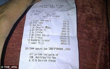 A two-hour birthday party spent out in Dubai’s Cavalli Club managed to total a $108,357.80 bar tab (387,988 AED), according to the receipt published over Twitter this week