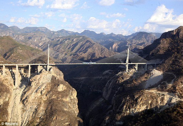Baluarte Bicentennial Bridge is 403 meters or 1,322 feet tall and connects between the northwestern states of Sinaloa and Durango in the Sierra Madre Occidental mountains