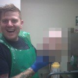 The sickening shot is understood to have been taken as 26-year-old David Amor worked in a mortuary to preserve the body of the dead man until his funeral could take place