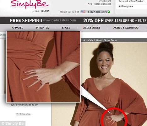 A devilishly bad piece of retouching at Simply Be left a model with an apparently freakishly clawed left hand, complete with six fingers and right-angled gashes