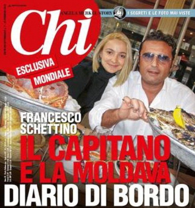 Domnica Cemortan and Francesco Schettino  pictured at a restaurant table groaning under the weight of fresh oysters and crabs during a stop over on a previous cruise
