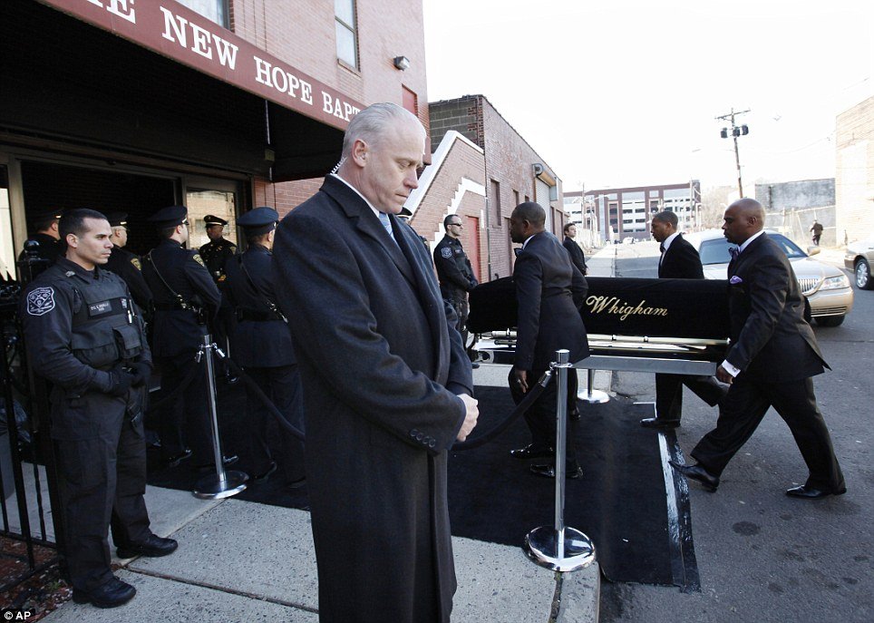 Whitney Houston's casket arrived at New Hope Baptist Church in her hometown Newark, New Jersey