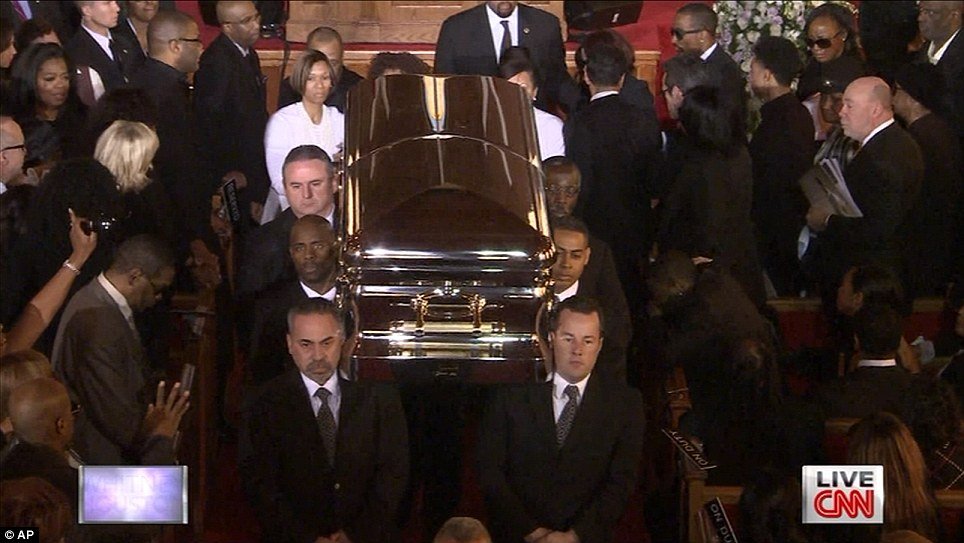 Whitney Houston’s casket was carried out of the church while her unforgettable voice could be heard singing her greatest hit I Will Always Love You