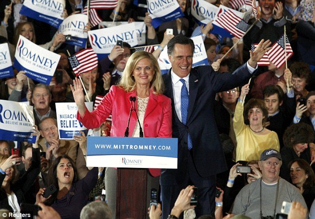 Mitt Romney and his wife Ann at their Super Tuesday primary rally in Boston