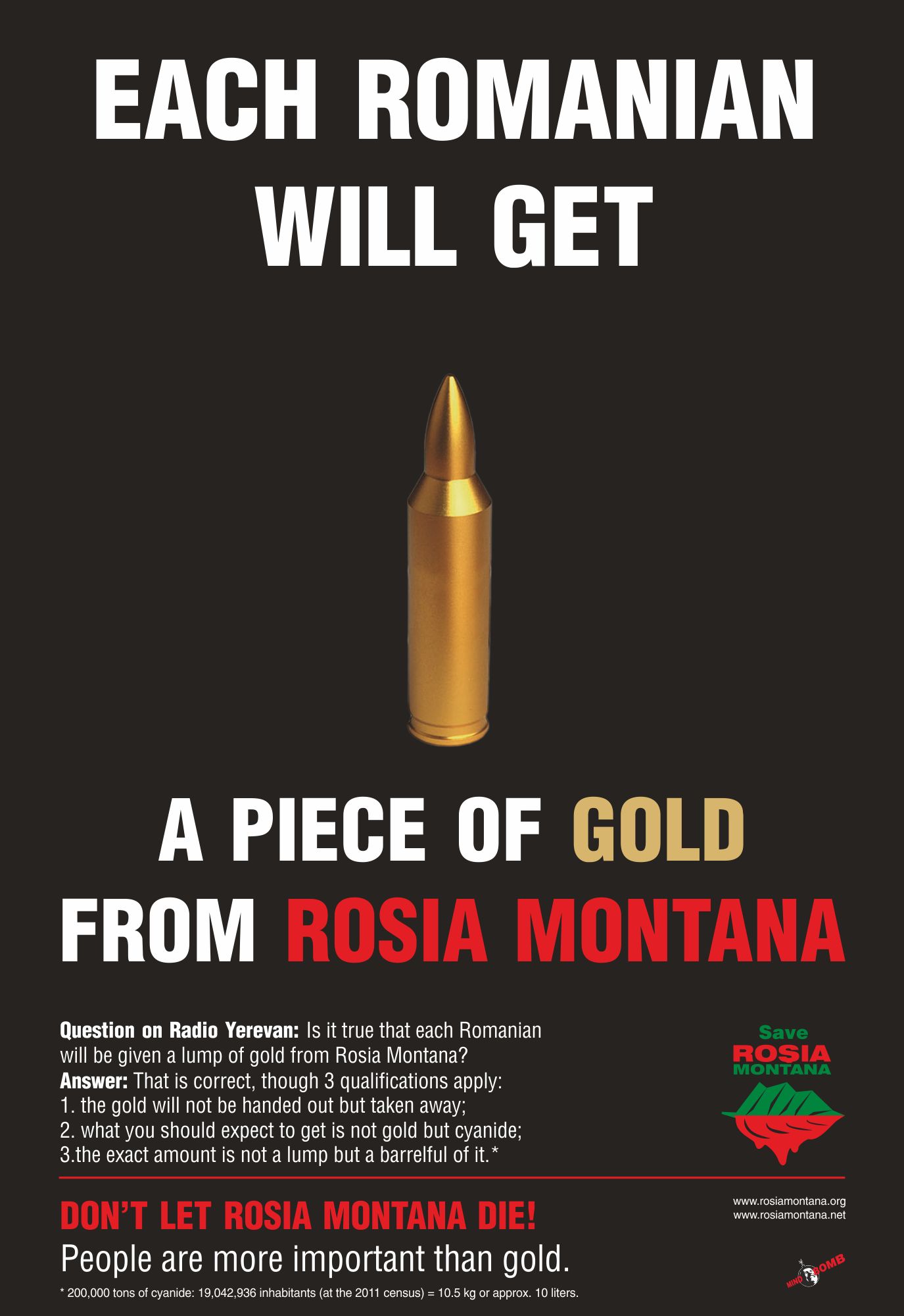 Mindbomb’s latest poster campaign is raising the flag about the very basic but grossly obscured trade-off entailed by the planned gold mine at Rosia Montana through cyanide leaching