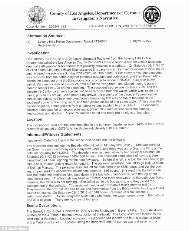 Whitney Houston investigator's report Page 1