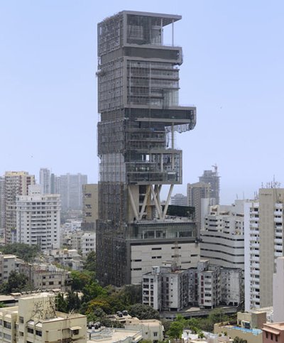Built by India's richest man Mukesh Ambani, 27-storey Antilia building towers over swanky Altamount Road in Mumbai