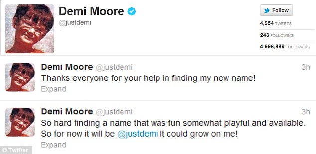 Demi Moore has finally dropped Ashton Kutcher's name on Twitter as she changed Mrs. Kutcher to @justdemi
