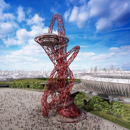 The completed steel sculpture, known as ArcelorMittal Orbit, stands at the heart of the Olympic Park
