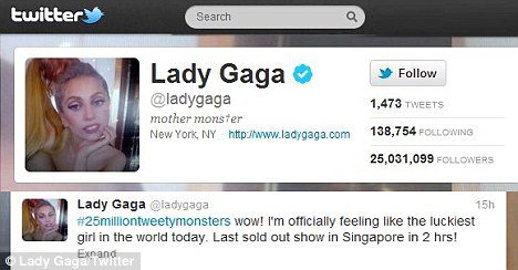 Lady Gaga became the first person to pass 25 million followers on Twitter as she immediately tweeted her gratitude to fans yesterday.