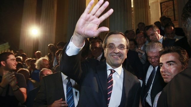 New Democracy leader Antonis Samaras said Greeks had chosen to stay in the euro and called for a "national salvation government"
