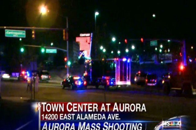A gunman wearing a gas mask opened fire at the cinema complex in Aurora, at a midnight showing of The Dark Knight Rises