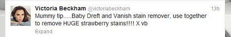 Victoria Beckham took her Twitter account to share how to remove stubborn stains from clothing