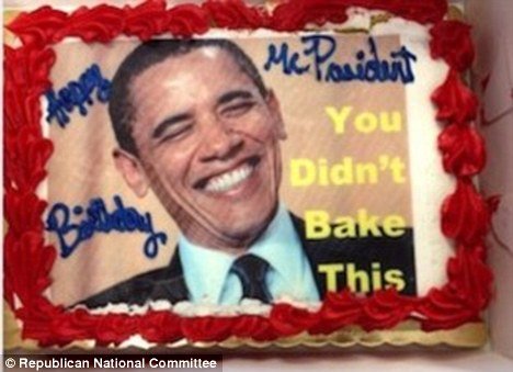 Barack Obama escaped to begin any celebrations, Republicans acknowledged his birthday by delivering him a tongue-in-cheek cake