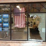 A large panel of glass was left shattered at Barack Obama’s campaign office on West Ninth Avenue near Acoma Street in Denver