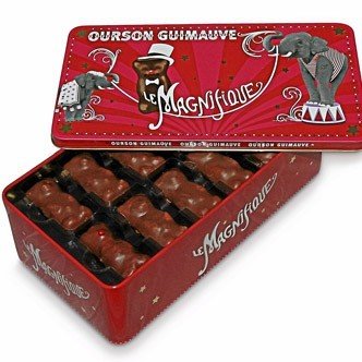Oursons guimauve are small chocolate-covered marshmallow teddy bears 