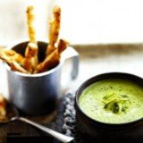 Pea and courgette soup with cheese straws