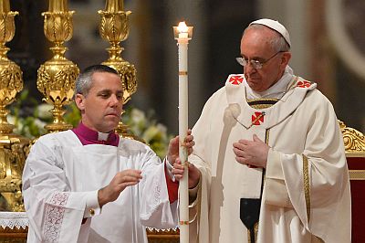 At an Easter vigil Mass in St Peter's, Pope Francis appealed to non-believers and lapsed Catholics to "step forward" towards God