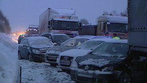 At least one person died in a pile-up involving about 100 vehicles on snow-hit Austrian motorway A1