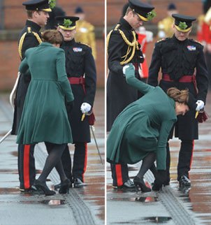 Kate Middleton’s heel became stuck when standing on a grate as the Duke and Duchess of Cambridge attend a St Patrick's Day parade 