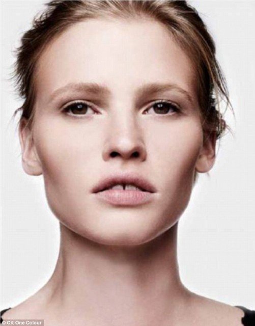 Lara Stone looks fresh-faced and glowingly natural in the images, released to promote CK One Colour's new 3-in-1 foundation