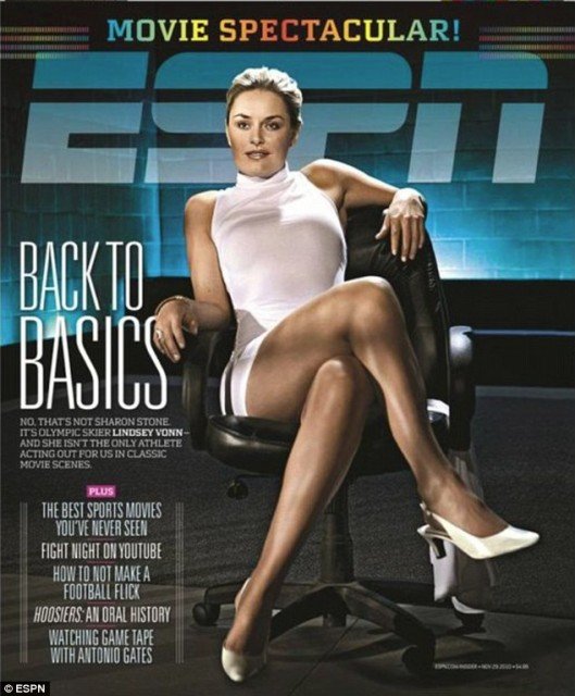 Lindsey Vonn channels Sharon Stone as Catherine Tramell in Basic Instinct on a recently unearthed cover of ESPN magazine
